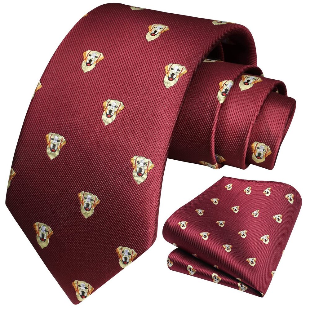 2401 Tie Set Burgundy Animal Ties Handkerchief Designer Maroon Neckties